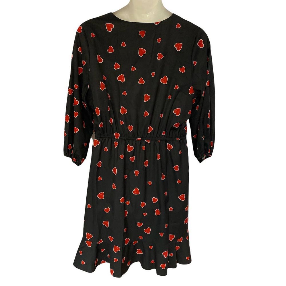 Hutch Heart Print Knee Length Fit & Flare Black Office Party Matte Satin Dress - Picture 5 of 12